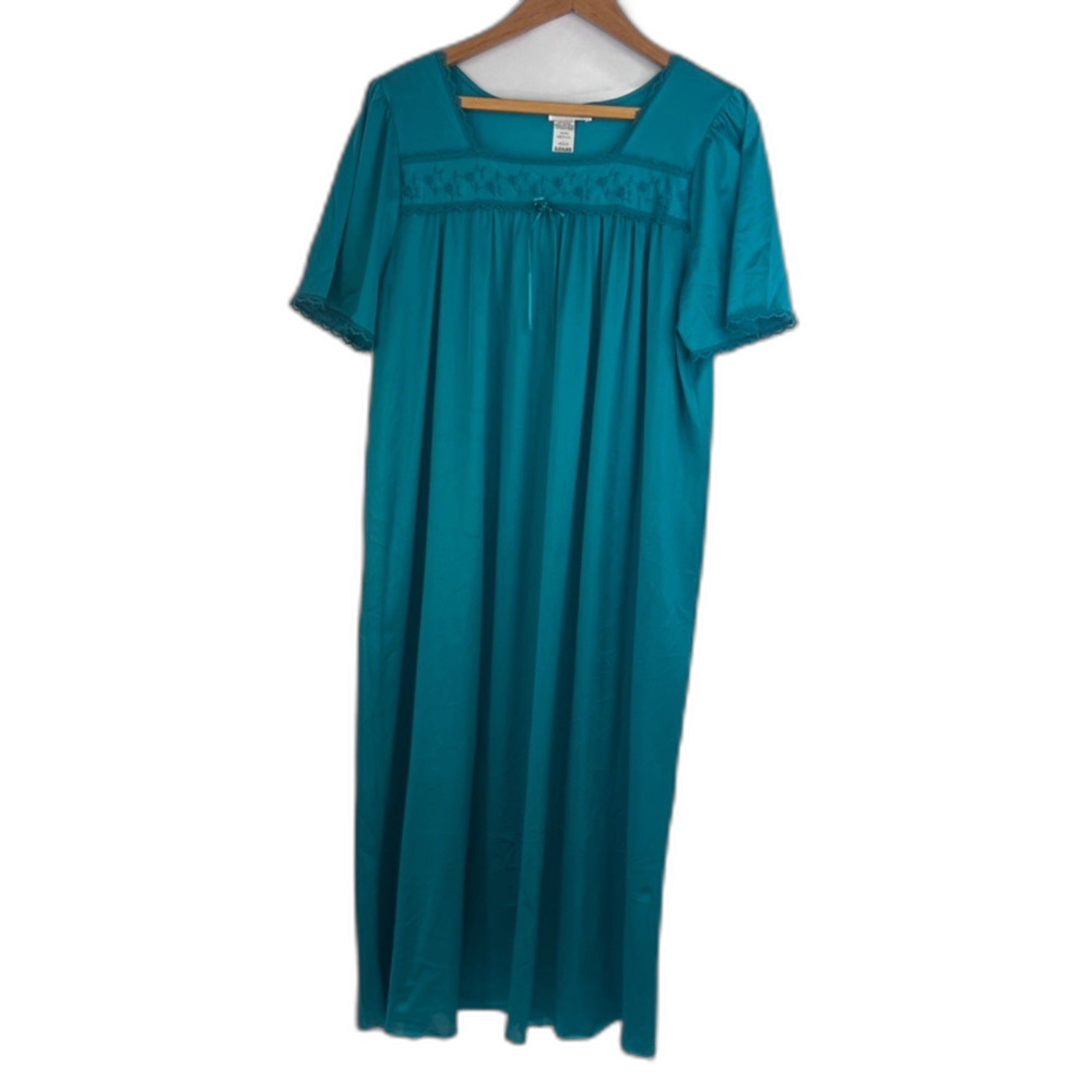 Sears Nightgown VTG Embroidered Lace Teal Sleepwear Loungewear Whimsical Sz MD